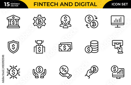 Fintech and Digital line Icon set. Digital banking, mobile payments, cloud tech, robotics, digital wallet, app, neo bank, innovation. Thin outline icons pack. Vector illustration