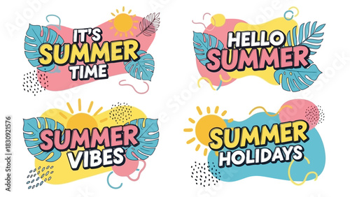 Collection of vibrant summer-themed graphic banners and labels with tropical leaves and sun motifs, perfect for holiday promotions and seasonal celebrations