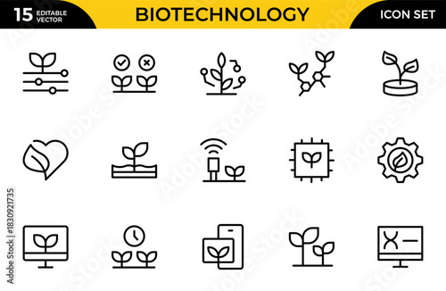 Biotechnology line icon set. Includes icons for scientific, innovation, microscope, interaction, science. Thin outline icons pack. Vector illustration