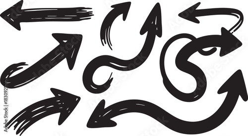 Hand Drawn Arrow Clipart: Black Sketch Arrows, Curved & Bold Arrow Designs
