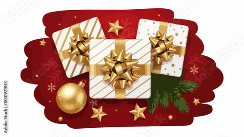 Vibrant holiday gift boxes with golden ribbons, stars, and festive greenery on a rich red background, perfect for celebrations and conveying joyful surprise