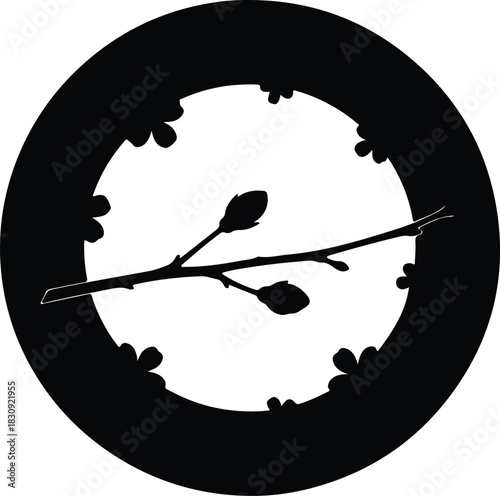 Illustration spring twig blossoming buds in a floral circle silhouette vector