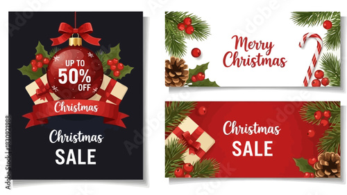 A collection of elegant Christmas sale banners and holiday promotion templates decorated with festive gifts, ornaments, and winter foliage