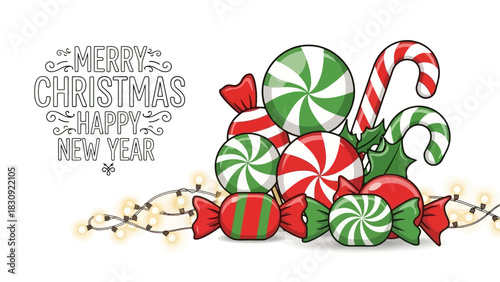 Festive Christmas holiday sweets concept with peppermint candy canes, lollipops, and decorative lights on a white background