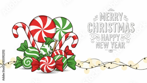 A festive arrangement of holiday sweets including candy canes and wrapped treats with decorative lights