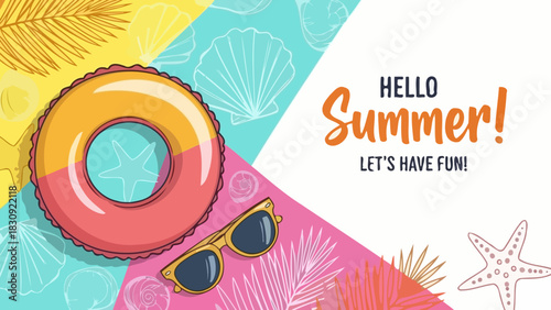 Summer Fun Beach Vacation Inflatable Tube, Shells, Sunglasses, Starfish