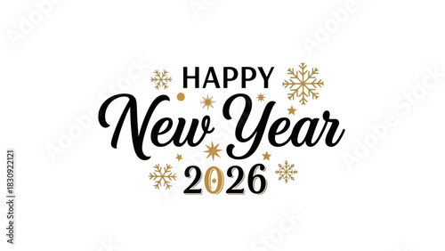 Happy New Year 2026 festive greeting with snowflakes and stars
