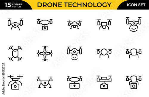 Drone Technology outline icon set. Contains linear outline icons like Quadrocopter, Propeller, Remote Control, Radar, Camera. Thin outline icons pack. Vector illustration