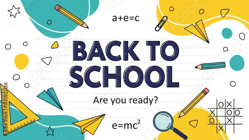 Vector illustration concept for back to school with educational elements like pencils, rulers, and formulas on an abstract background