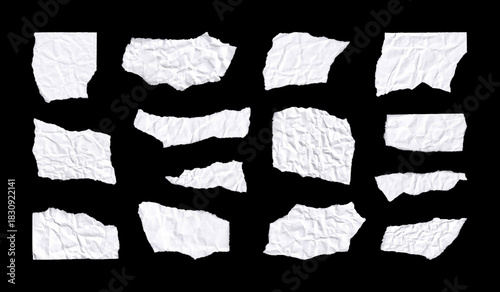 Torn White Paper Sheets on Dark Background. Realistic blank mockups for text, message, callouts. Set of torn and crumpled white paper pieces. Template scraps for notes, collage, posters. Vector set