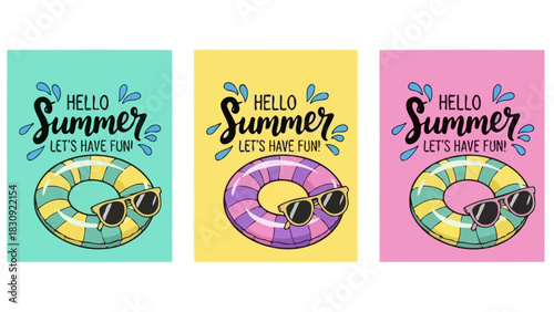Hello Summer! Let's Have Fun Playful designs featuring sunglasses, inflatable rings, and vibrant colors