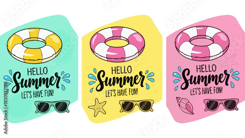 Colorful Summer Fun Icons Life Buoys, Sunglasses, and Starfish
