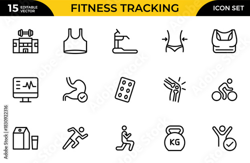 Fitness Tracking Line Icon Set. Clean and modern icons for fitness, wellness, and medical apps, perfect for tracking workouts. Thin outline icons pack. Vector illustration