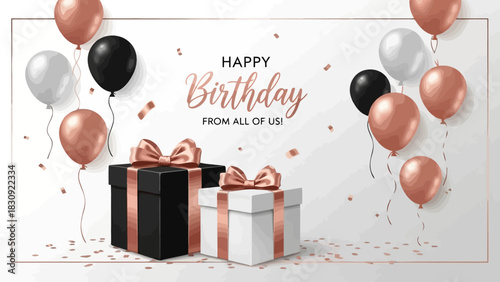 Happy Birthday Celebration with Gift Boxes and Balloons