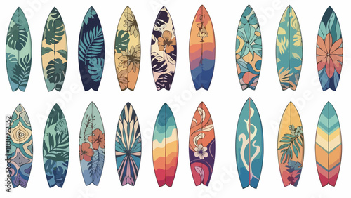 Collection of colorful, artistically designed surfboards with tropical leaf and floral patterns