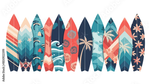 Collection of colorful patterned surfboards lined up for a day of surfing
