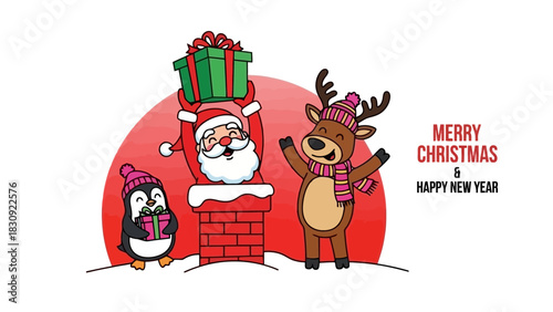 Festive Holiday Illustration Santa, Reindeer & Penguin Celebrating Christmas Cheer