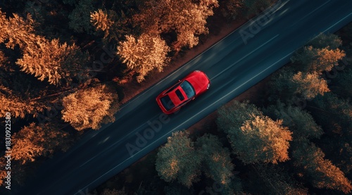 Road to Adventure: A vibrant red car cruises along a winding road, cutting through a lush forest, creating a picturesque image of freedom and exploration.