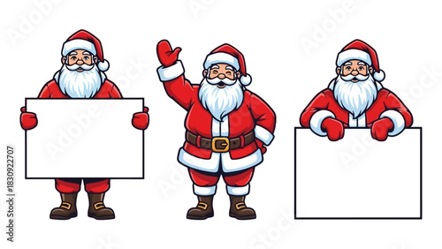 Jolly Santa Claus Characters in Three Different Poses Displaying Blank Signs and Waving, Ideal for Festive Holiday Messages and Seasonal Greetings