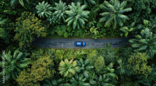 Journey through the Canopy: A vibrant blue vehicle navigates a secluded, winding road enveloped by a lush, verdant canopy of trees, embodying a sense of freedom and adventure.