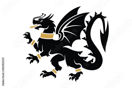 Heraldic Black Dragon Emblem with Gold Accents for Fantasy and Royal Crests