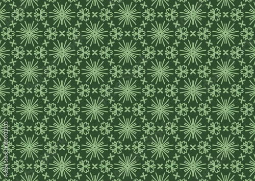 Abstract Geometric Floral Fireworks Green Background Seamless Pattern 