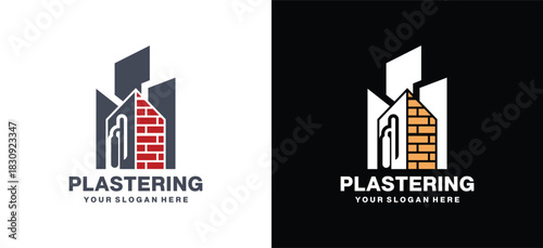Plastering Logo with Cement Shovel, Brick House and Building Silhouette