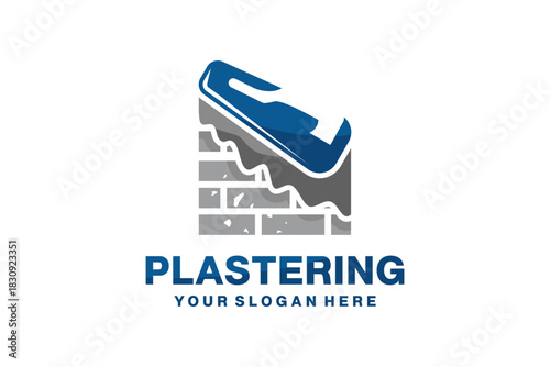 Construction Plastering Logo with Trowel and Brick Wall Illustration