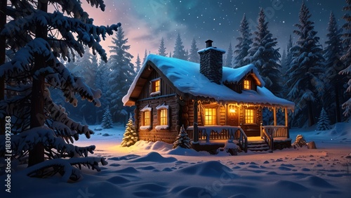 Winter snowy forest landscape with a cozy Christmas house cabin
