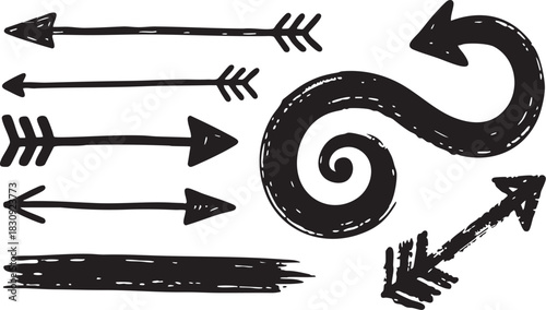 Grunge Hand-Drawn Ink Arrow & Spiral Set: Brush Stroke Directional Pointers (Doodle Vector Design Elements)