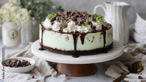 Wallpaper Mural Mint chocolate chip cheesecake with whipped cream and chocolate drizzle on marble stand Torontodigital.ca