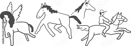 pegasus and horses in hand drawn style in vector. element for decor postcard design print sticker animation poster background