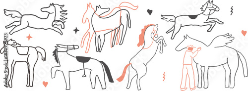 set of horses in hand drawn style in vector. element for decor postcard design print sticker animation poster background