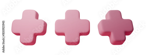 Soft pink 3D plus icons with smooth matte shapes. Minimal symbols for UI, stickers, buttons, health and design elements. Clean isolated render with modern rounded style