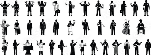 Profession silhouette icons, diverse occupations, career roles, worker tools, job attire, employment variety, black illustration, educational design, flat vector