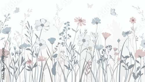 Delicate pastel wildflowers and grasses illustration, creating a serene and gentle meadow scene with fluttering butterflies, perfect for a peaceful decorative design