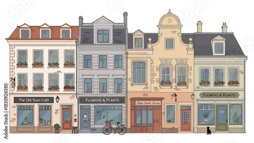 Cartoon illustration of charming European townhouses with shops, featuring architectural details