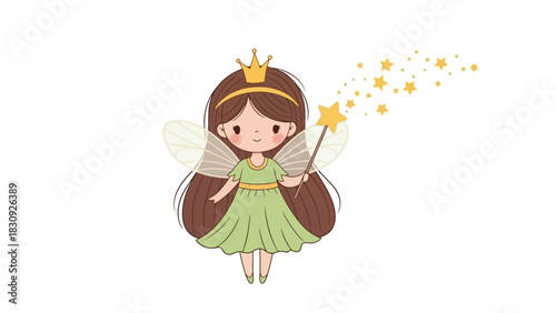 Cute cartoon fairy with a magic wand and sparkling stars, dressed in a green dress and crown, with delicate wings, illustration for children's stories and fantasy themes