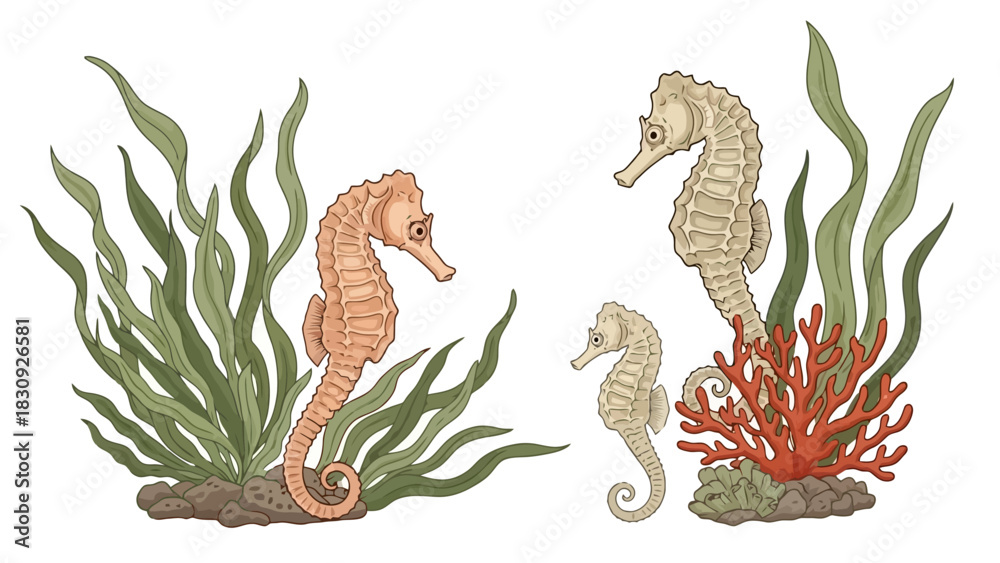 Naklejka premium Seahorse Serenity An Enchanting Marine Scene with Seahorses and Coral