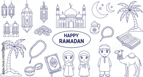 Ramadan kareem sketch illustration with mosque lanterns and muslim figures