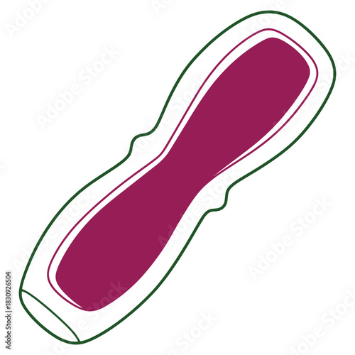 Abstract representation of a leaf or seed pod with stylized green border and dark pink interior isolated against white background for botanical design concepts