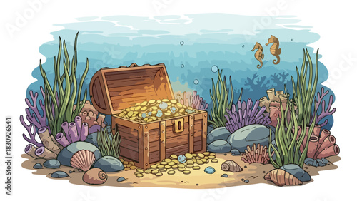 Sunken Treasure Chest Among Marine Life An Underwater Fantasy Scene