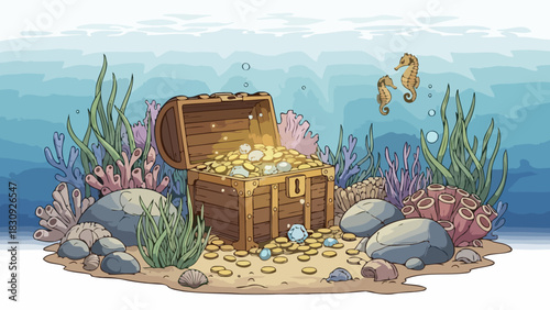 Hidden Treasure Chest Underwater Scene with Seaweed and Seahorses Illustration