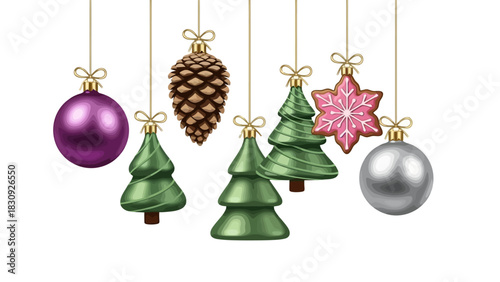 Vibrant collection of hanging Christmas tree decorations, including shiny baubles, a pine cone, and a frosted snowflake cookie, isolated for design
