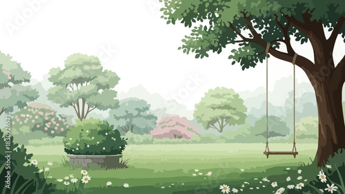 Peaceful garden oasis featuring a classic wooden swing gently swaying from an old, sturdy tree, surrounded by vibrant greenery and a tranquil natural landscape