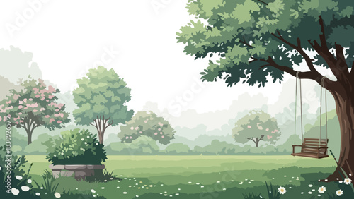 A tranquil garden scene with a charming swing hanging from a majestic tree, surrounded by lush green grass and delicate blooming flowers, evoking a peaceful and idyllic natural escape
