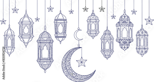 Hand drawn ramadan lanterns and crescent moon decoration for islamic holiday