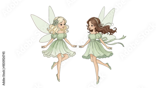 Enchanting illustration of two whimsical fairy friends, blonde and brunette, dressed in delicate green with shimmering wings, symbolizing magical fantasy and playful companionship