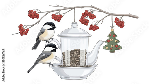 Festive Bird Feeder Teapot with Chickadees and Rowan Berries