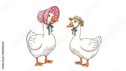 A whimsical hand-drawn illustration of two friendly white geese dressed in a quaint pink bonnet and a small straw hat